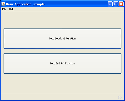 A Java graphical user interface with two big buttons: Test Good JNI Function and Test Bad JNI Function