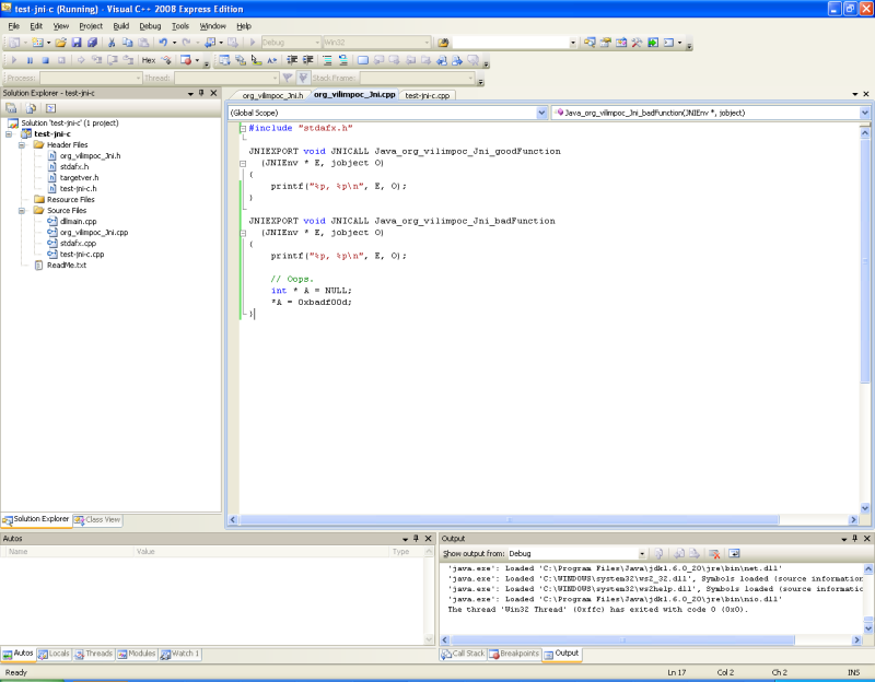 A Visual C++ 2008 Express Edition development window with the org_vilimpoc_Jni.cpp file selected, which has code for the good JNI function and code for the bad JNI function