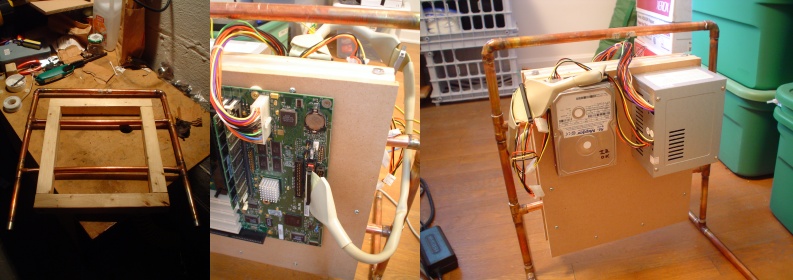A composite photo with 3 panels, one with the copper tubing soldered through the wooden frame, one with the motherboard mounted to the wooden frame, and one with the full system assembled with a view of the mounted hard drive and ATX power supply