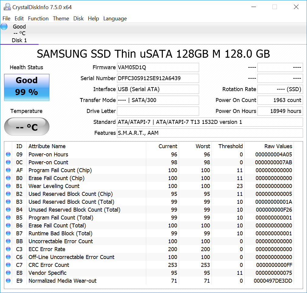 CrystalDiskInfo for Samsung uSATA SSD