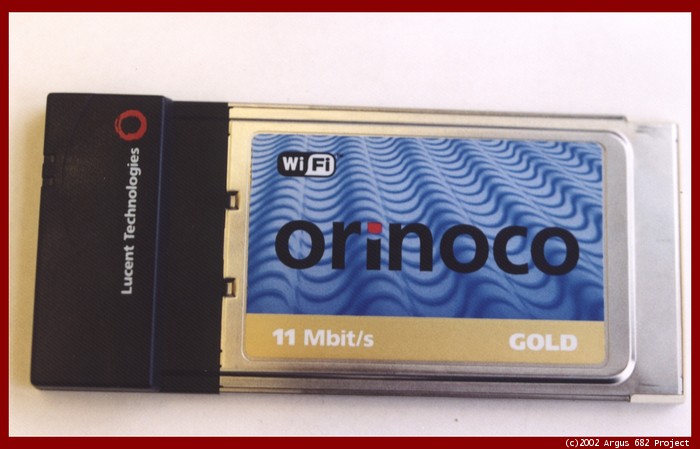 An Orinoco Gold 802.11b wireless PCMCIA adapter card with a whole 11 megabits per second of bandwidth