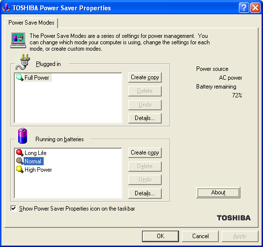 A screenshot of the Power Save Modes available using the TOSHIBA Power Saver Properties