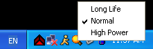 A screenshot of what happens when you left click the tray icon: Long Life, Normal, High Power