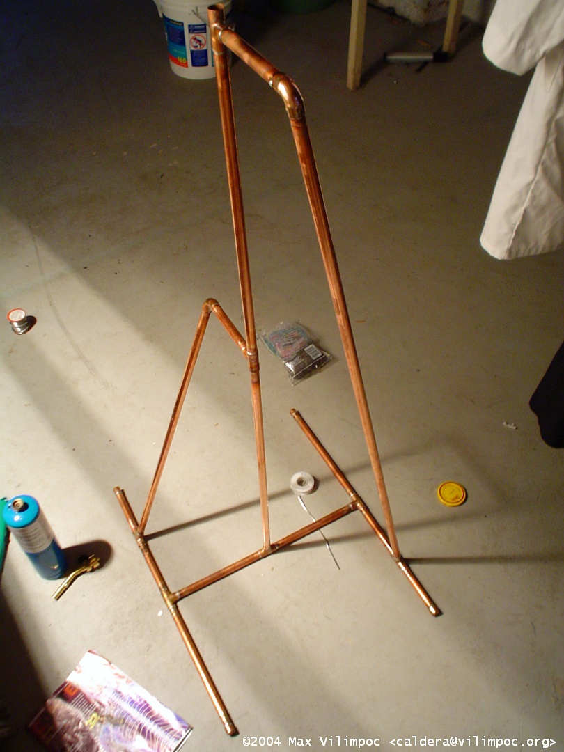 The full stand being assembled in the basement, now standing up on its base