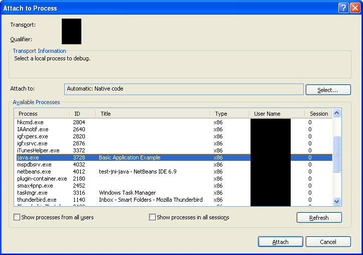 A debugger Attach to Process window with a list of processes and the java.exe process selected and the Attach button highlighted