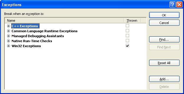 A debugger Exceptions window with the term Break when an exception is thrown solidly checkmarked for all Win32 exceptions