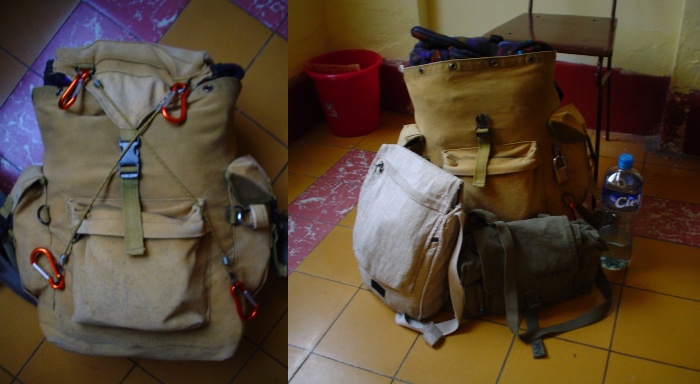 Side by side photos of carabiners attached to backpack and travel kit.