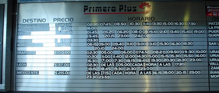 Photo of bus departure schedule.